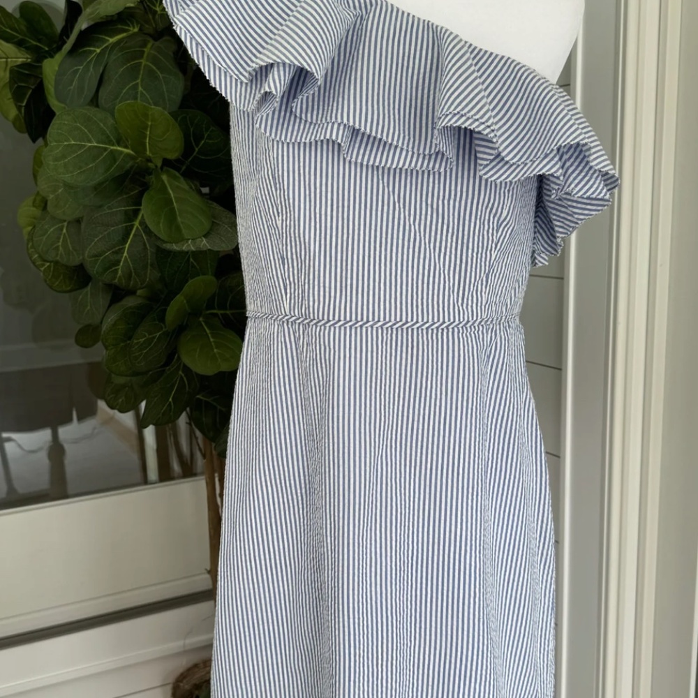 JCrew Seersucker One Shoulder Dress, Blue/White (Size 8)